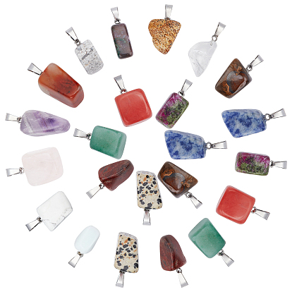 32Pcs 16 Style Natural & Synthetic Gemstone Pendants, with Stainless Steel Snap On Bails, Nuggets, Stainless Steel Color