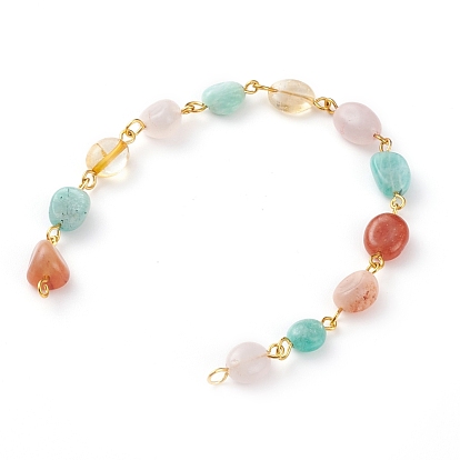 Handmade Natural Mixed Gemstone Beads Chains, with Brass Eye Pin, Unwelded, Golden