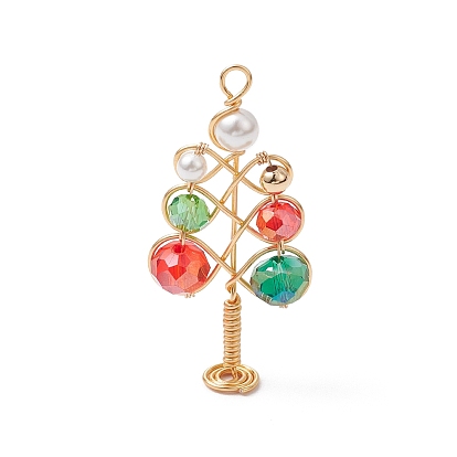 Подвески из гальванизированного стекла и ракушечных бусин-жемчужин, Рождественские елки, с медной проволокой светло-золотистого цвета, граненые