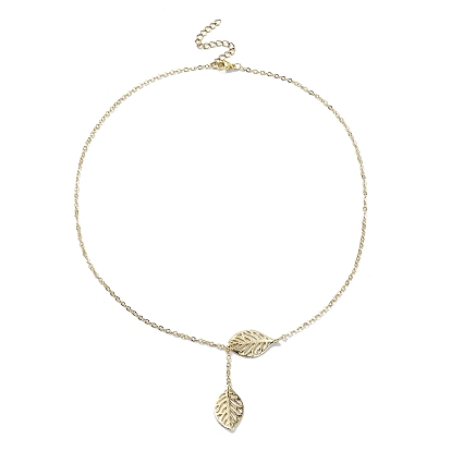 Brass Leaf Pendant Lariat Necklaces, with 304 Stainless Steel Cable Chains