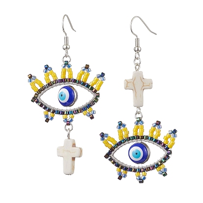 Iron Dangle Earring, with Seed Glass and Synthetic Turquoise Cross, Eye