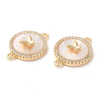 Brass Micro Pave Clear Cubic Zirconia Connector Charms, with Shell, Flat Round Links with Butterfly