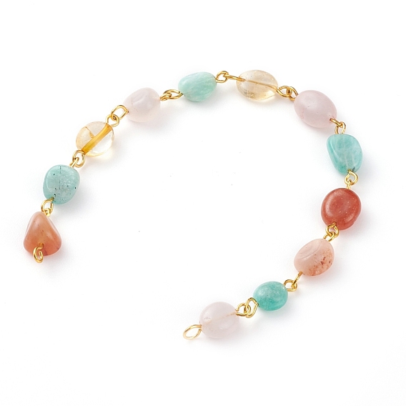 Handmade Natural Mixed Gemstone Beads Chains, with Brass Eye Pin, Unwelded, Golden