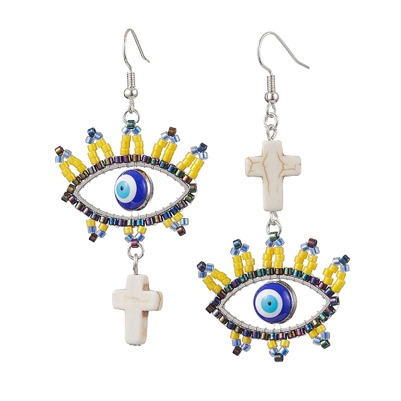 Iron Dangle Earring, with Seed Glass and Synthetic Turquoise Cross, Eye