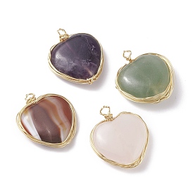 Natural Green Aventurine & Rose Quartz & Red Agate & Tiger Eye & Amethyst Pendants, with Real 18K Gold Plated Copper Wire wrapped, Heart