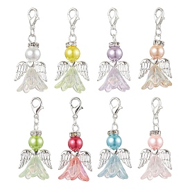 8Pcs 8 Colors Wedding Season Angel Glass Pearl & Acrylic Pendant Decorations, Zinc Alloy Lobster Claw Clasps Charms for Bag Key Chain Ornaments