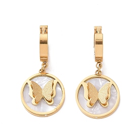 Boucles d'oreilles créoles pendantes papillon en coquillage blanc synthétique, placage ionique (ip) 304 bijoux en acier inoxydable pour femmes