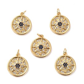 Brass Micro Pave Cubic Zirconia Pendants, Long-Lasting Plated, Cadmium Free & Lead Free, Flat Round with Sun