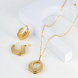 Brass Hollow Donut Pendant Necklaces & Hoop Earrings, Jewelry Set