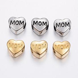 Mother's Day Theme, 304 Stainless Steel European Beads, Large Hole Beads, Heart with Word Mom