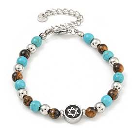 Star of David  304 Stainless Steel & Synthetic Turquoise & Natural Tiger Eye Round Beaded Bracelets for Women