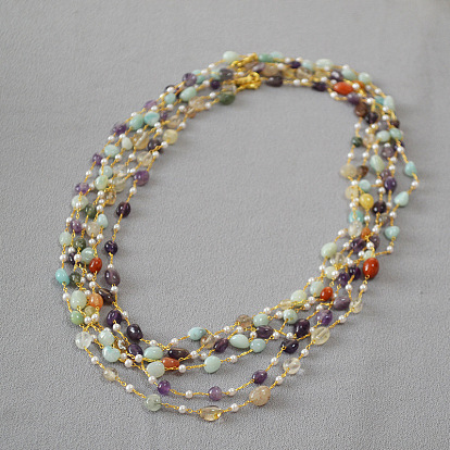 Collier de chaîne de pull long fait à la main avec des perles en pierre naturelle - design unique