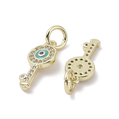 Real 18K Gold Plated Brass Micro Pave Cubic Zirconia Pendants, with Enamel and Jump Ring, Key Charms
