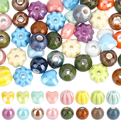72Pcs 4 Styles Handmade Porcelain Beads, Pearlized