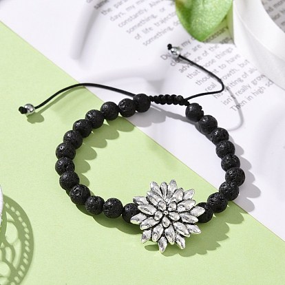 Natural Lava Rock & Synthetic Hematite Braided Bead Bracelet with Alloy Lotus, Essential Oil Gemstone Jewelry for Women