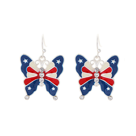 Flag Color Butterfly Enamel Dangle Earrings with Crystal Rhinestone, Independence Day Theme Alloy Jewelry for Women