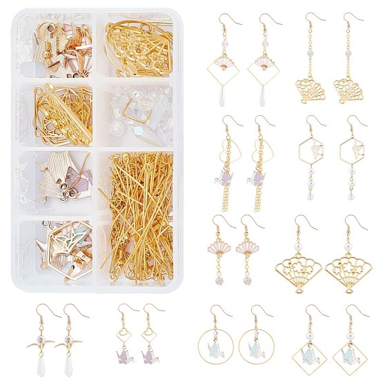 DIY Dangle Earring Making Kits, Including Brass & Alloy Pendants, Brass Linking Rings & Cable Chains & Earring Hooks, Glass Beads, Fan & Paper Crane Shape
