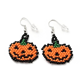 Glass Seed Braided Jack-O-Lantern Dangle Earrings, Alloy Wire Wrap Halloween Earrings for Women