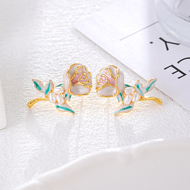 Цветок латунь эмаль серьги стержня, с имитацией жемчуга, игла из стерлингового серебра