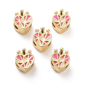 Heart with Crown Rack Plating Brass Enamel Beads, Cadmium Free & Lead Free, Long-Lasting Plated