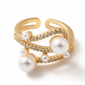 Cubic Zirconia Chunky Open Cuff Ring with Imitation Pearl, Real 18K Gold Plated Brass Jewelry for Women, Lead Free & Cadmium Free