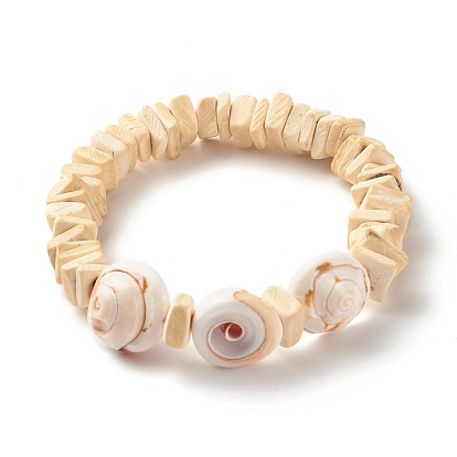 Handmade Polymer Clay Heishi Beads Stretch Bracelets Set, Natural Wood Beads Meditation Yoga Bracelets, Natural Chalcedony Beads Bracelets, Natural Shell Charm Bracelet for Women