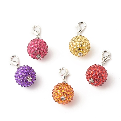 Resin Rhinestone Pendant Decorates, with Alloy Beads & Zinc Alloy Lobster Claw Clasps, Round