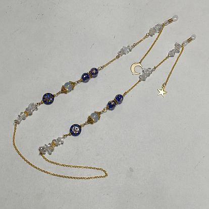Chaînes de lunettes en laiton, avec des breloques en opale synthétique, en verre et en acier inoxydable, et des embouts en caoutchouc