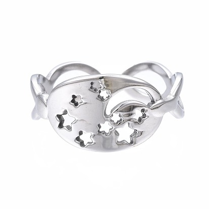 304 anneau de manchette ouvert lune et étoile en acier inoxydable, grosse bague pour femme