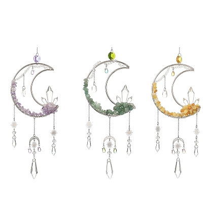 3Pcs 3 Styles Moon Natural Amethyst & Green Aventurine & Topaz Jade & 304 Stainless Steel & Brass Suncatchers, Glass Tassel Decorative Hanging Crystal Prism for Window & Garden