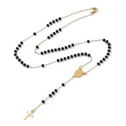 Glass Rosary Bead Necklaces, Vacuum Plating Golden 304 Stainless Steel Cross Pendant Necklace