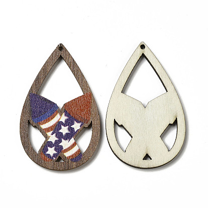 American Flag Theme Single Face Printed Aspen Wood Pendants, Teardrop Charm with Rocket/Arch/Eagle/Hat/Human/Rose Pattern