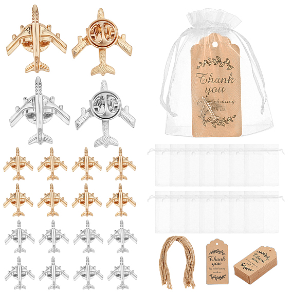 60 piezas 2 colores broches de aleación de avión para mochilas y ropa, Con 60 bolsas de regalo de organza., 60unidades de etiquetas de regalo de papel impresas en negro con el mensaje "Gracias por celebrar con nosotros"