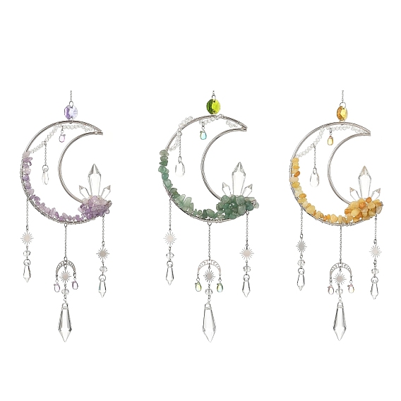 3Pcs 3 Styles Moon Natural Amethyst & Green Aventurine & Topaz Jade & 304 Stainless Steel & Brass Suncatchers, Glass Tassel Decorative Hanging Crystal Prism for Window & Garden