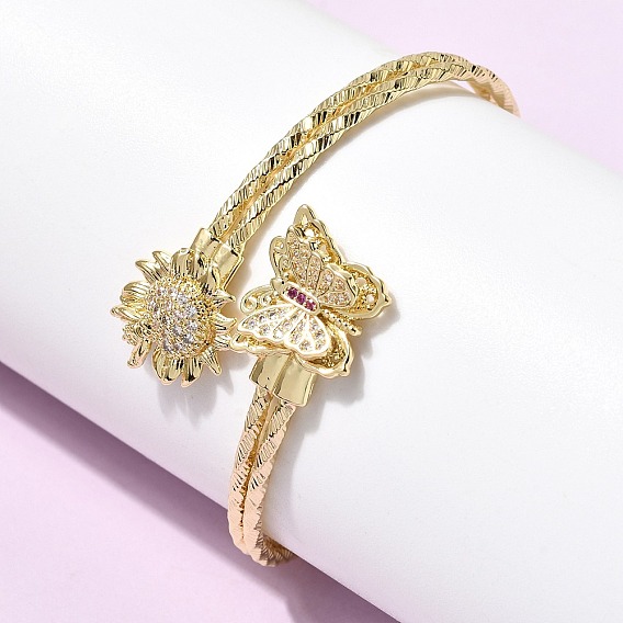 Латунные браслеты-манжеты с микропаве из кубического циркония для женщин, подсолнух и бабочка