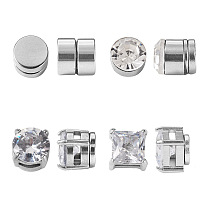 8Pcs 4 Style Clear Cubic Zirconia Flat Round Clip-on Earrings, Magnetic Stainless Steel & 316 Stainless Steel Non-piercing Earrings for Women