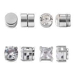 8Pcs 4 Style Clear Cubic Zirconia Flat Round Clip-on Earrings, Magnetic Stainless Steel & 316 Stainless Steel Non-piercing Earrings for Women