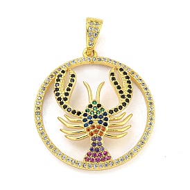 Real 18K Gold Plated Brass Micro Pave Cubic Zirconia Pendants, Flat Round with Scorpion