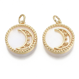 Brass Pendants, with Natural Freshwater Shell and Jump Rings, Flat Round with Moon, Nickel Free