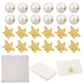 Kit portatarjetas de boda, Incluye 20piezas de tuercas de oreja de imitación de perla de resina, 20 piezas de pin de solapa de aleación de zinc con forma de estrella de mar, 30 Tarjetas de presentación rectangulares de papel y 1 Bolsas cuadradas de cuero sintético