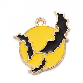 Halloween Alloy Enamel Pandants, Light Gold, Flat Round with Bat