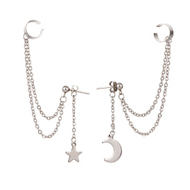 304 Stainless Steel Ear Cuff Drop Chains Stud Earrings, Star & Moon Asymmetrical Earrings for Women