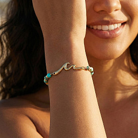 304 Браслеты из нержавеющей стали с волнообразными звеньями, Браслеты из натурального императорского камня и круглых бусин из латуни для женщин