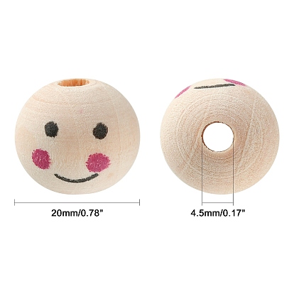 Printed Natural Wood European Beads, Large Hole Beads, Round with Smile Face, Lead Free, Undyed