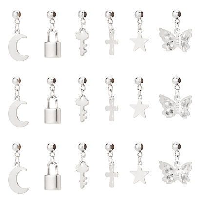 60Pcs 6 Style 304 Stainless Steel Pendants, with Tube Bails, for European Jewelry Making, Star & Butterfly & Moon & Lock & Key & Cross