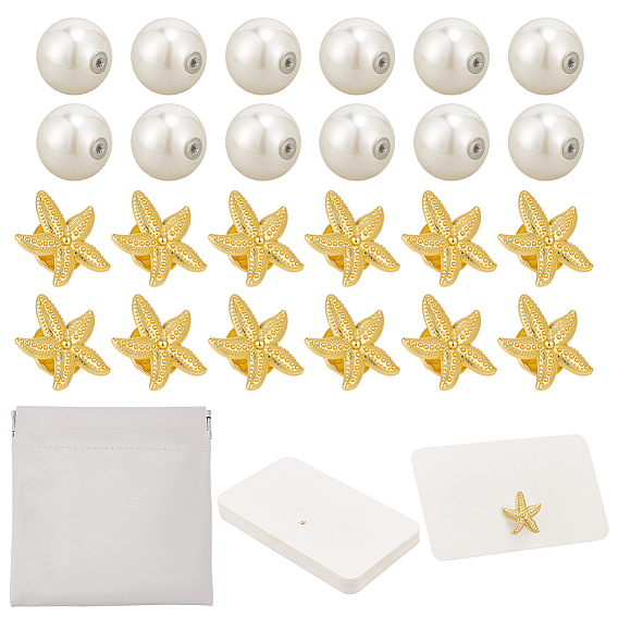 Kit porte-cartes de mariage, y compris 20 des boucles d'oreilles en résine imitant les perles, 20Pin's étoile de mer en alliage de zinc, 30 pièces de cartes de présentation rectangulaires en papier et 1 pièces de pochettes carrées en cuir PU