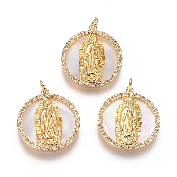 Латунные подвески, с микро проложить кубического циркония, раковины и прыжковые кольца, плоские круглые с Девой Марией