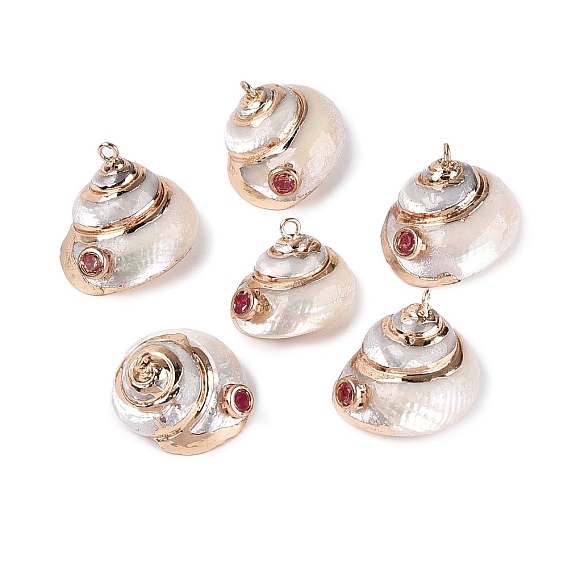 Electroplated Golden Brass Edged Natural Spiral Shell Pendants, Conch Charms, with Rhinestone