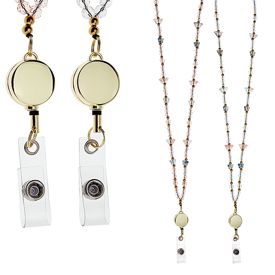 2шт. сплав и стекло выдвижная катушка для значков с цепями, ремешок на шею с ремешком для держателя удостоверения личности