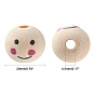 Printed Natural Wood European Beads, Large Hole Beads, Round with Smile Face, Lead Free, Undyed